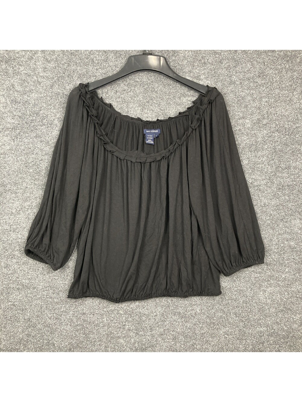 Max Edition Womens Large Black 3/4 Raglan Sleeve Scoop Neck Ruffle Collar Shirt